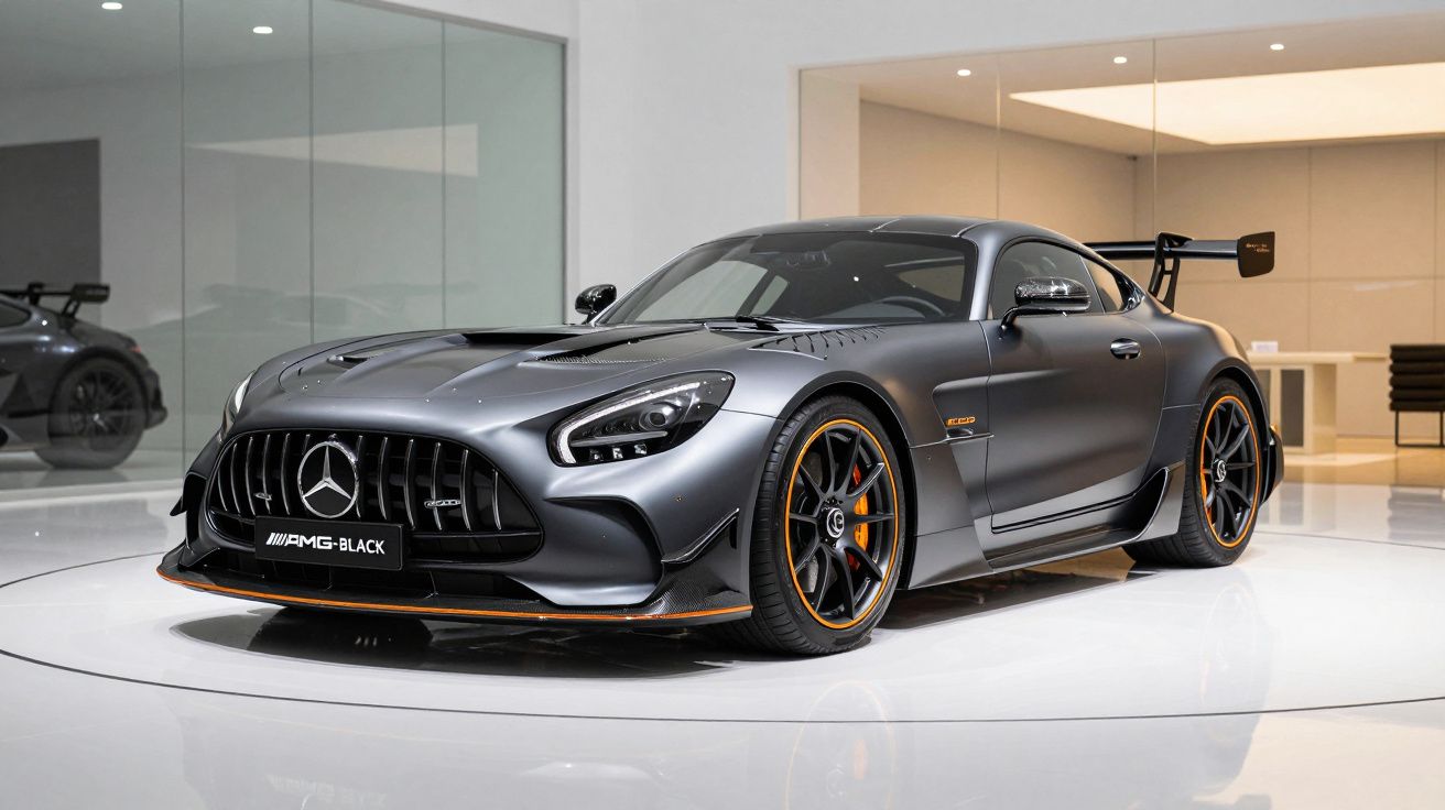 Carro desportivo Mercedes-Benz AMG preto mate com detalhes em laranja, exposto em sala moderna e branca.