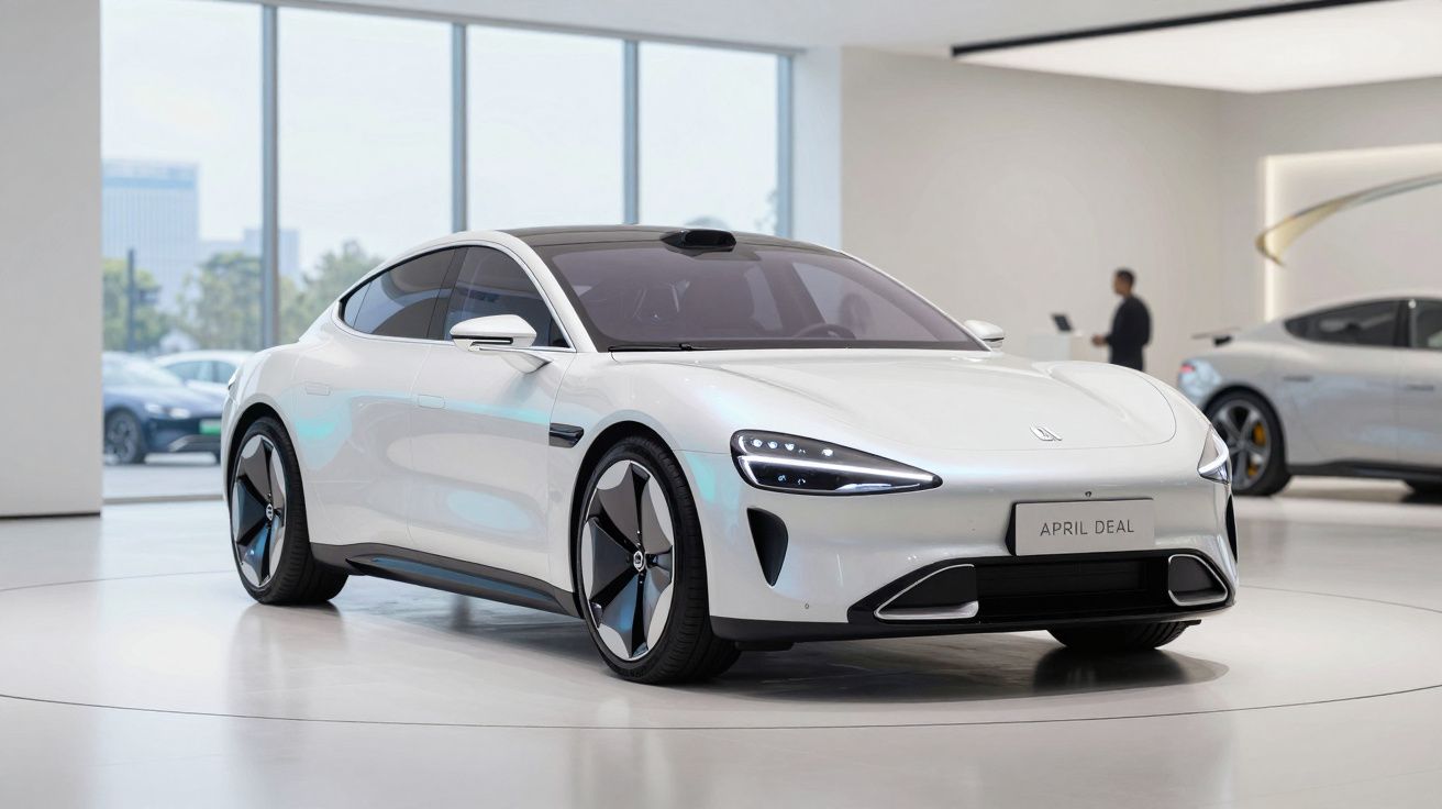 Carro eléctrico branco com design moderno exposto em sala de exposição minimalista e iluminação natural.