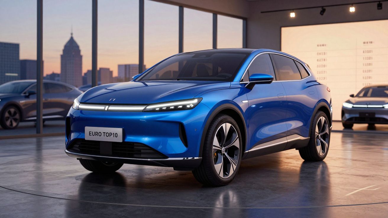 Carro elétrico azul brilhante estacionado em showroom moderno com grandes janelas e vista urbana ao pôr do sol.