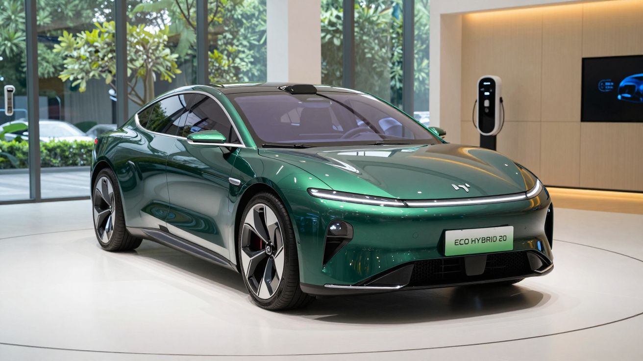 Carro elétrico verde metálico estacionado em interior moderno com carregador elétrico na parede.