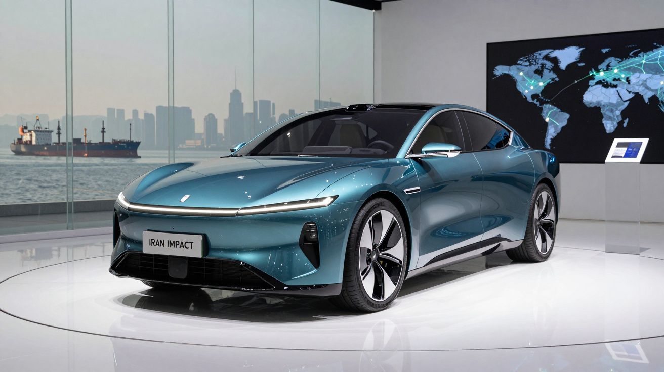 Carro elétrico azul metálico Iran Impact exposto em palco moderno com cidade e mapa digital ao fundo.