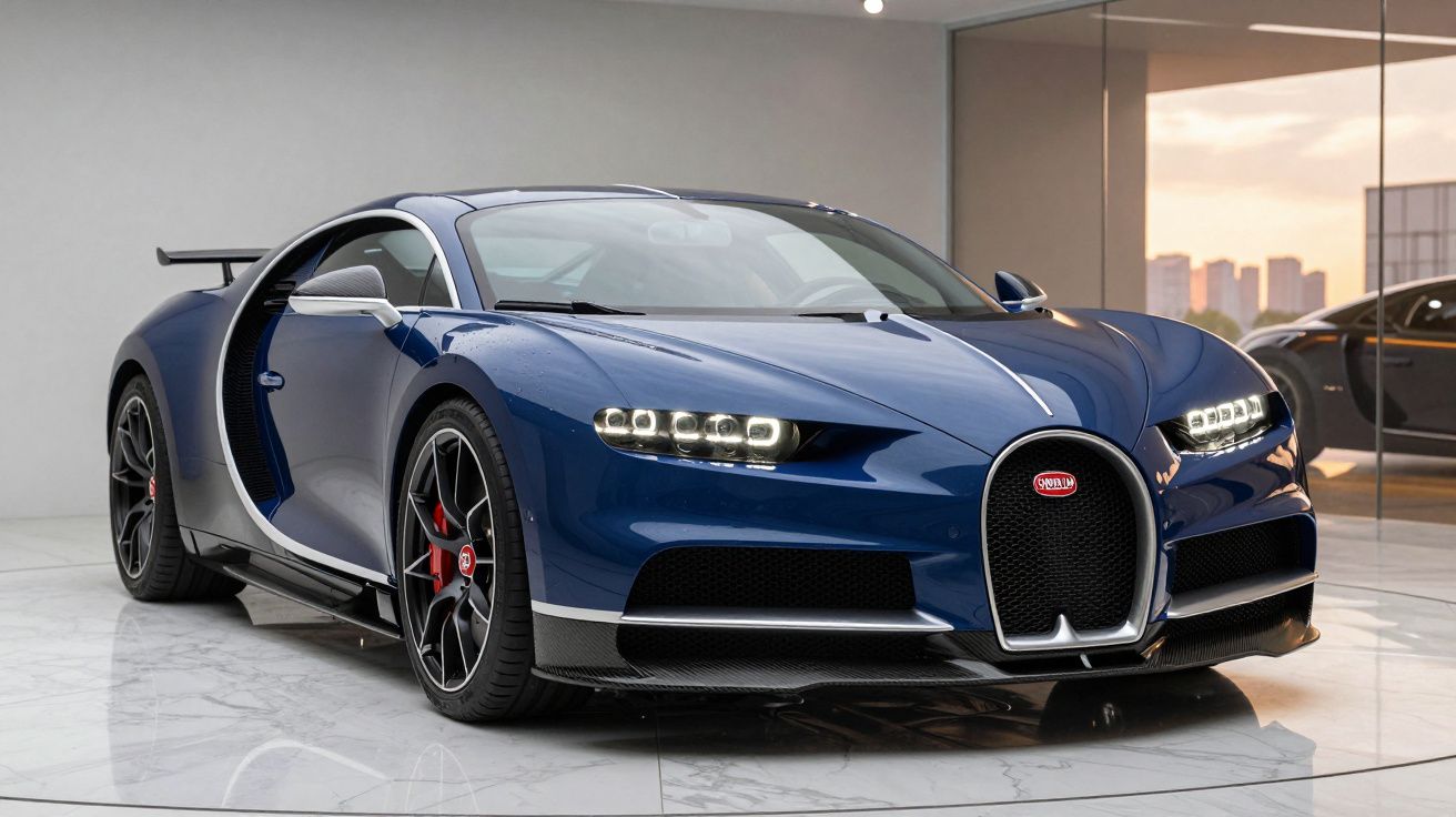 Carro desportivo azul Bugatti Chiron estacionado em interior com piso de mármore e parede de vidro.