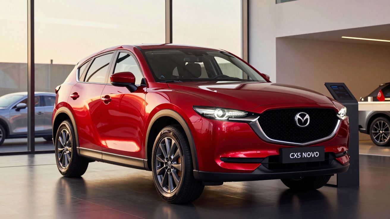 Carro Mazda CX5 Novo vermelho exposto em salão moderno com grandes janelas.