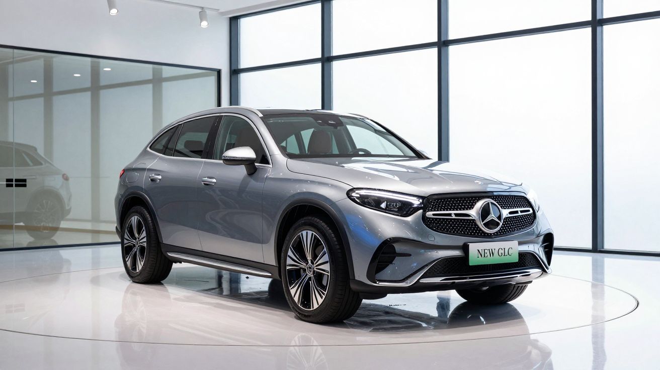 Mercedes-Benz SUV novo modelo GLC cinzento estacionado em espaço moderno e iluminado.
