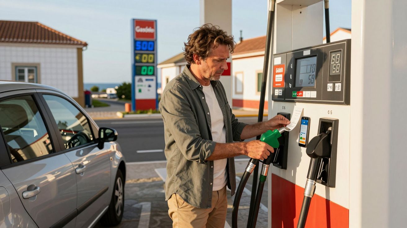 Homem com camisa verde abastece carro prateado numa bomba de gasolina ao pôr do sol.