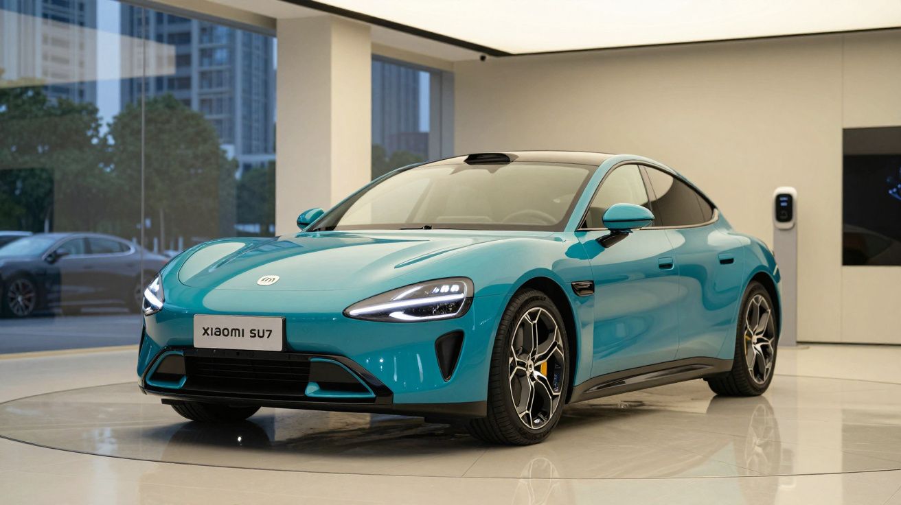 Carro elétrico desportivo azul Xiaomi SU7 exibido em showroom moderno e iluminado.