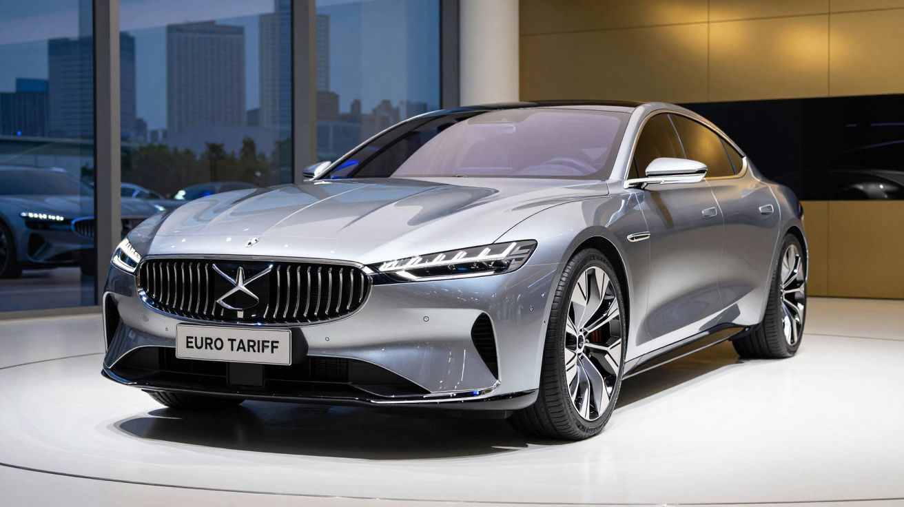 Carro sedan prata moderno exposto em showroom com iluminação suave e placas "Euro Tariff".