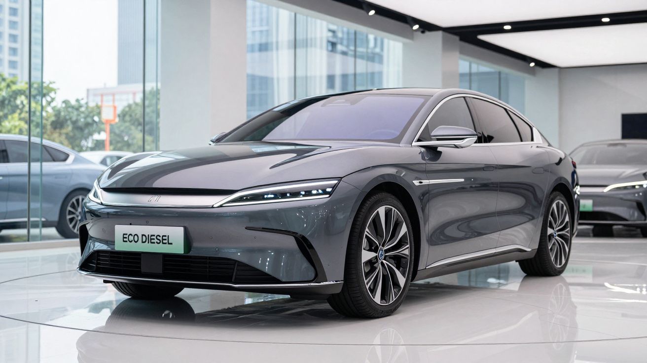 Carro cinzento ecológico a diesel exposto numa sala de exposição moderna com janelas de vidro.