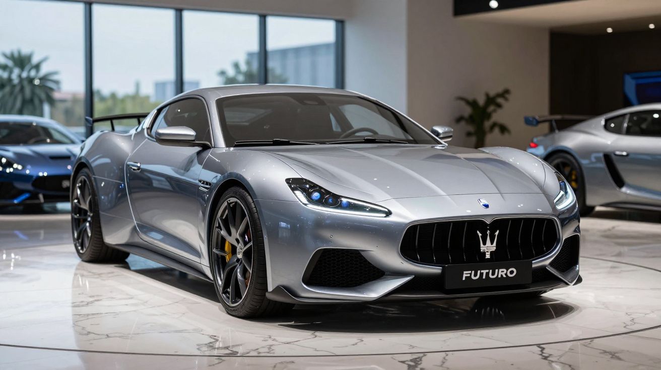 Carro desportivo Maserati cinzento metálico num showroom moderno com piso em mármore branco.