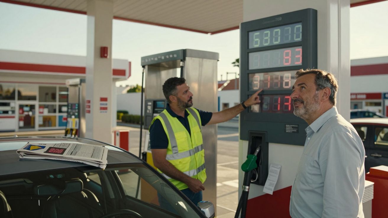 Homem com colete refletor aponta para preços no posto de combustível enquanto outro observa abastecendo carro.