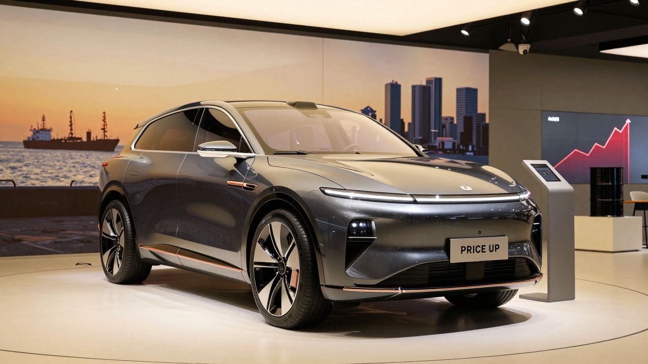 Carro elétrico cinzento moderno exibido em stand com telões de fundo a mostrar gráficos e paisagem urbana.