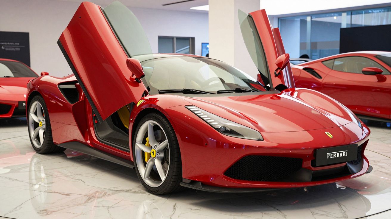 Ferrari vermelha com portas abertas em garagem moderna com chão branco polido.