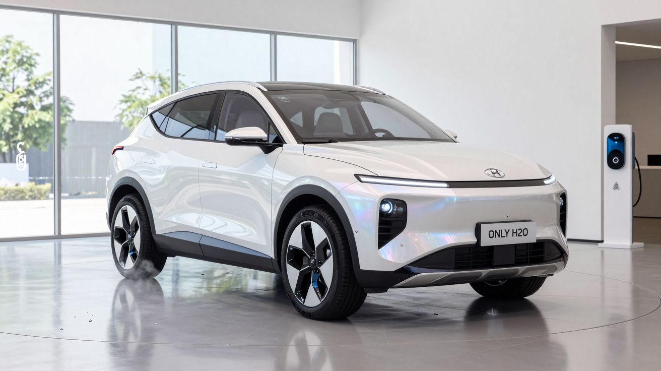 Carro elétrico branco estacionado numa sala moderna com grandes janelas e estação de carregamento na parede.