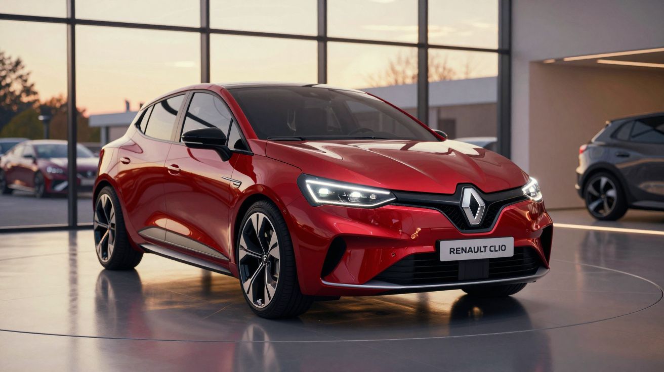 Renault Clio vermelho estacionado num showroom moderno com janelas amplas e luz natural ao pôr do sol.
