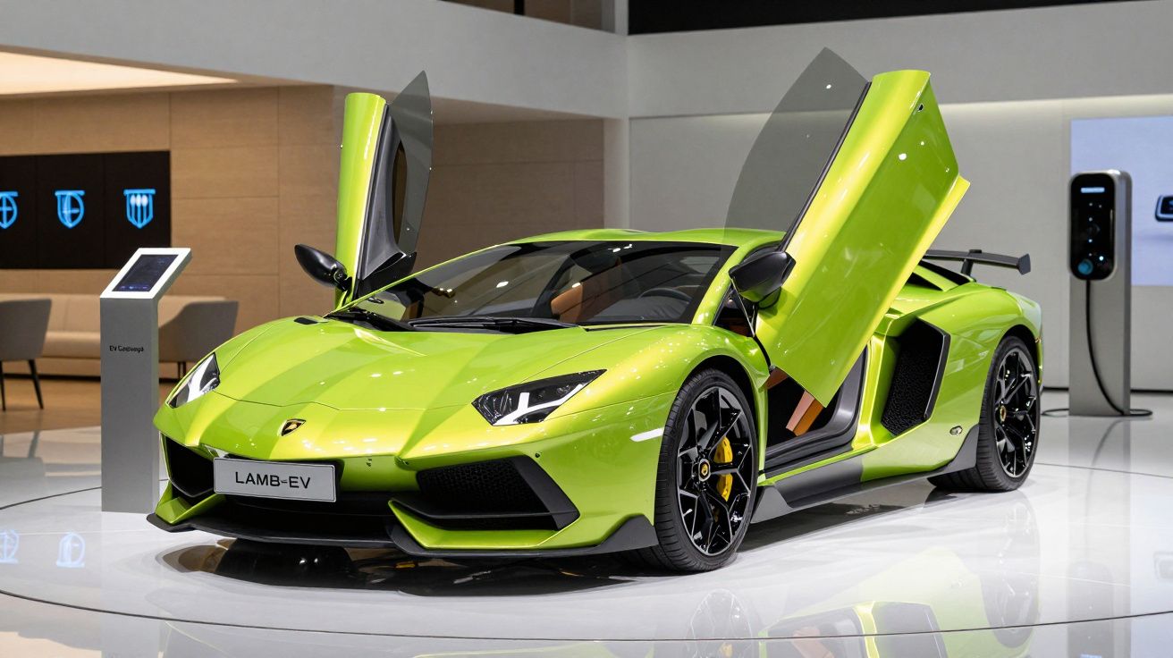 Carro desportivo verde com portas abertas em forma de asa de gaivota em exposição interior.