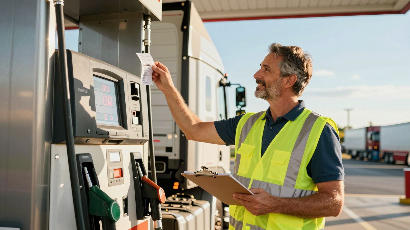 Homem de colete amarelo verifica recibo numa bomba de combustível junto a camiões num posto de abastecimento.