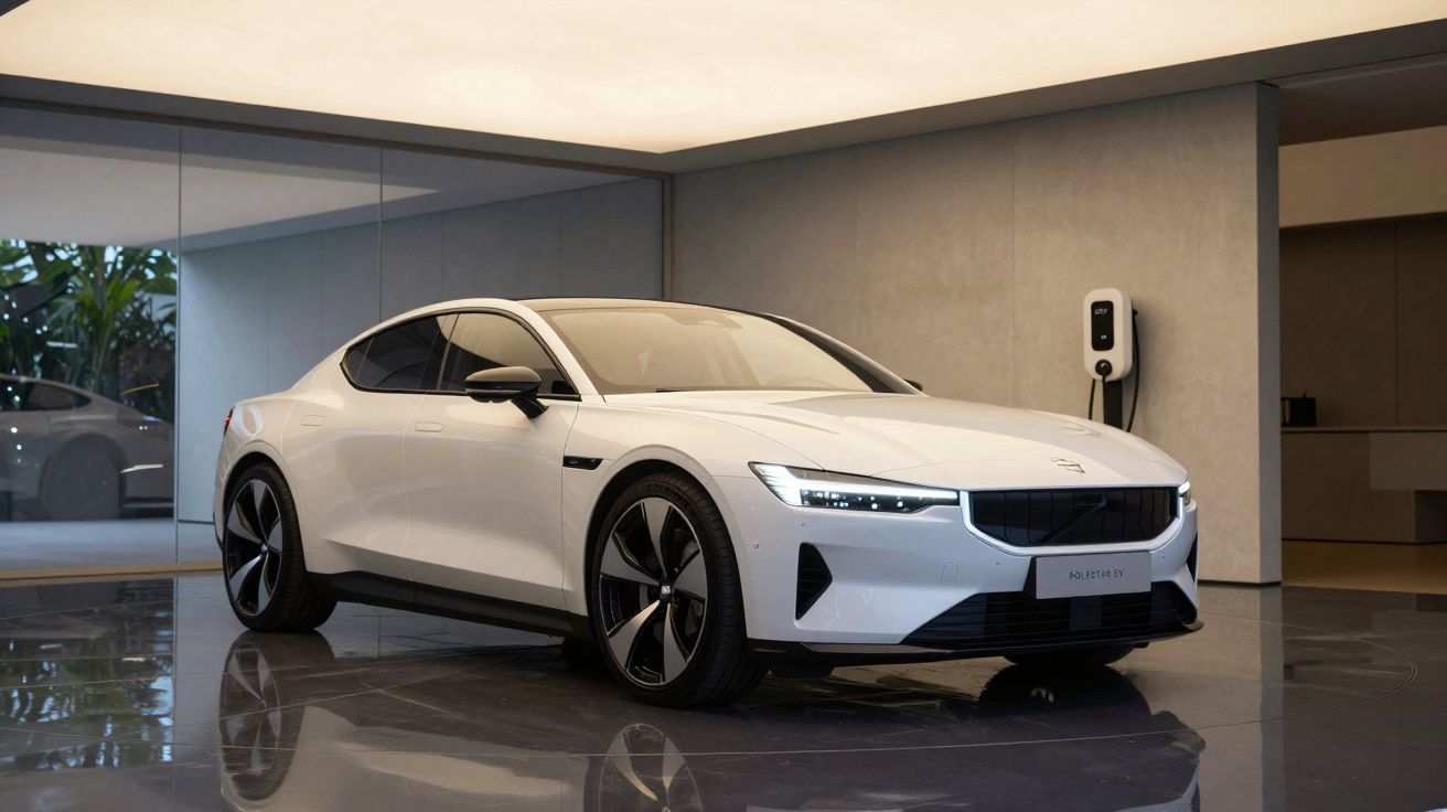 Carro elétrico branco Polestar 1 num espaço moderno com carregador na parede.