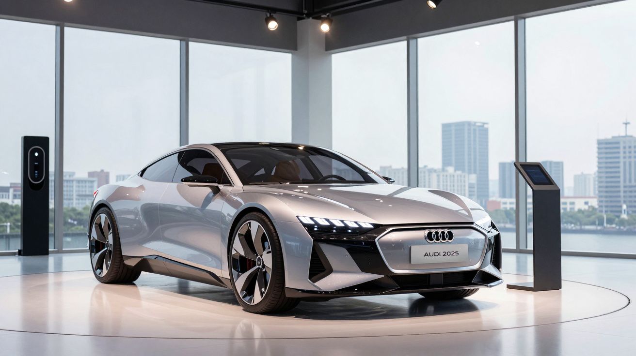 Carro desportivo elétrico Audi 2025 prateado estacionado em espaço moderno com janelas amplas e vista urbana.
