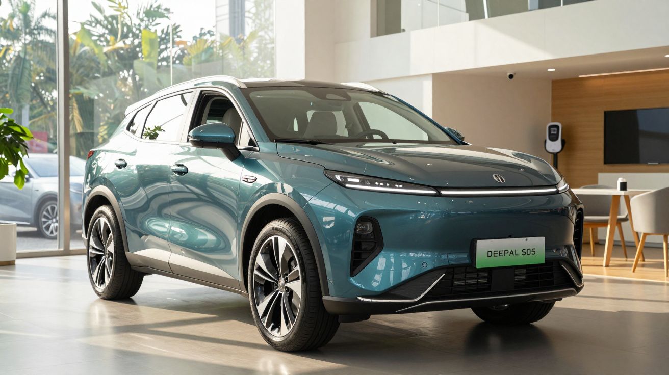 Automóvel elétrico SUV azul estacionado num showroom moderno com janelas amplas e decoração minimalista.