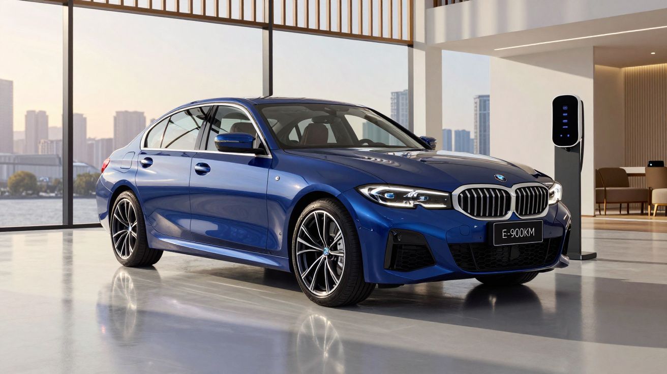 Carro elétrico azul BMW estacionado em ambiente moderno com colunas e vista para cidade ao fundo.