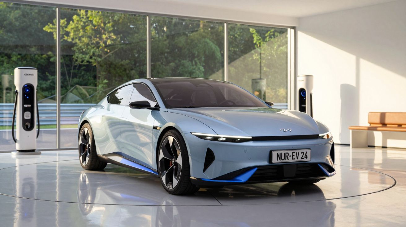 Carro elétrico desportivo cinza estacionado em espaço interior moderno com pontos de carregamento.