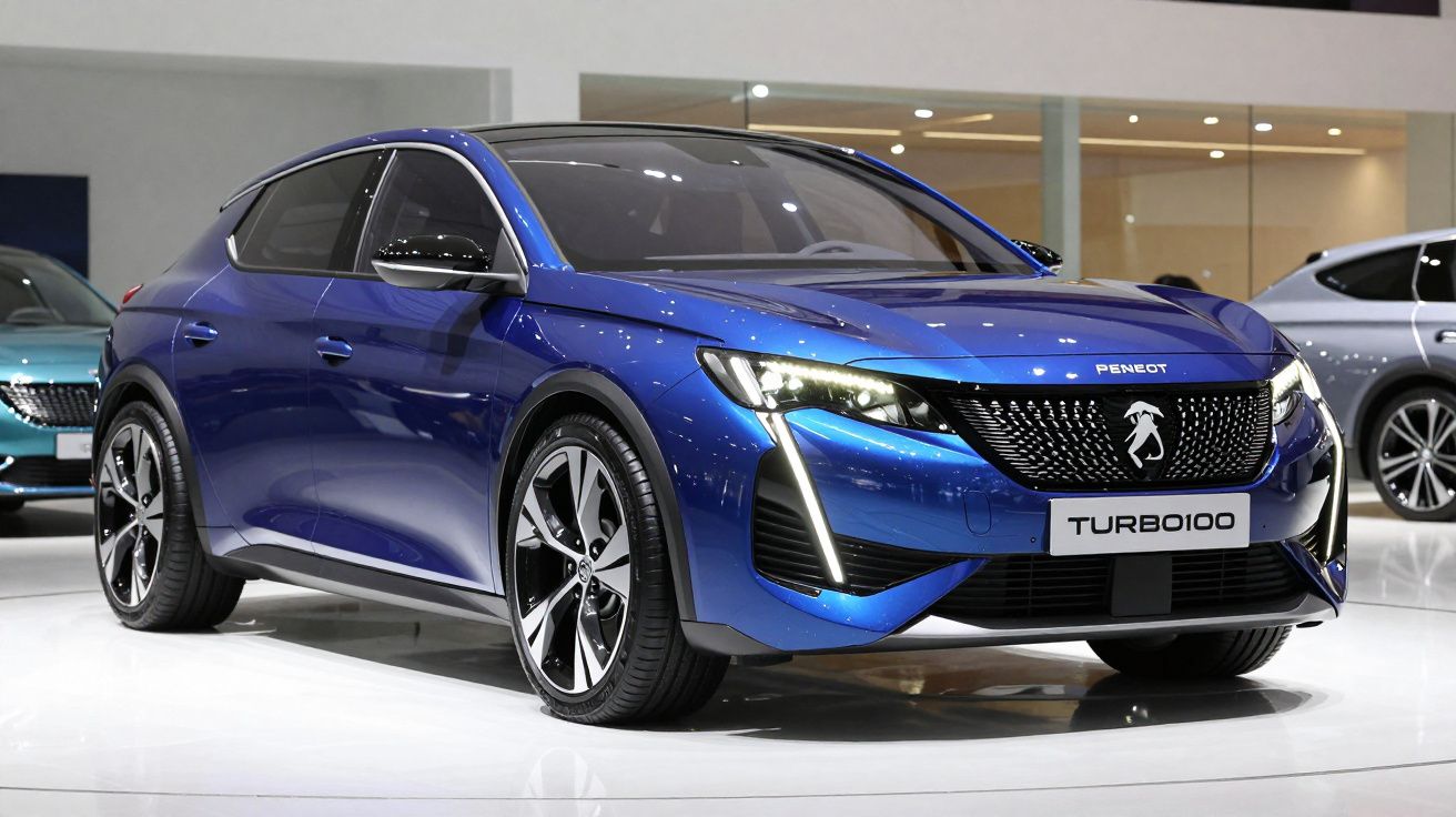 Carro elétrico Peugeot Turbo 100 azul exibido em salão automobilístico com design moderno e linhas aerodinâmicas.
