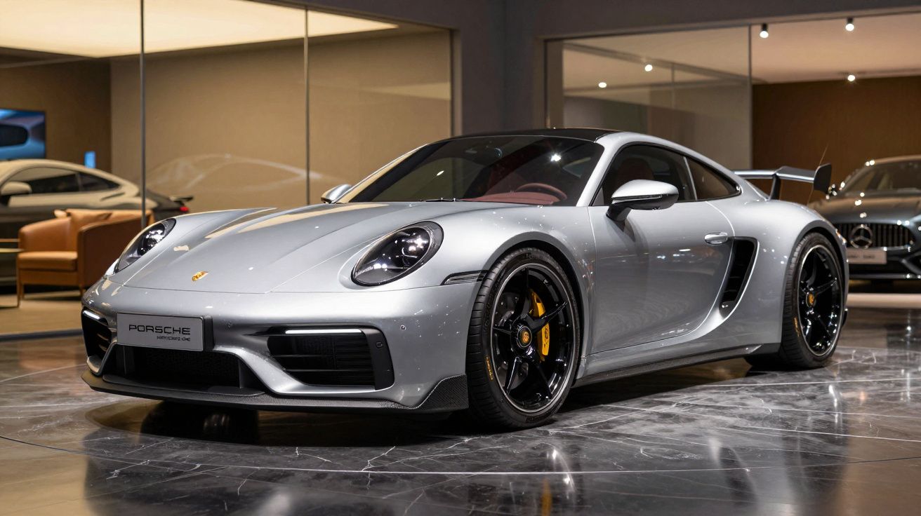 Porsche 911 GT3 cinza metálico estacionado numa sala de exposição moderna com chão de mármore.