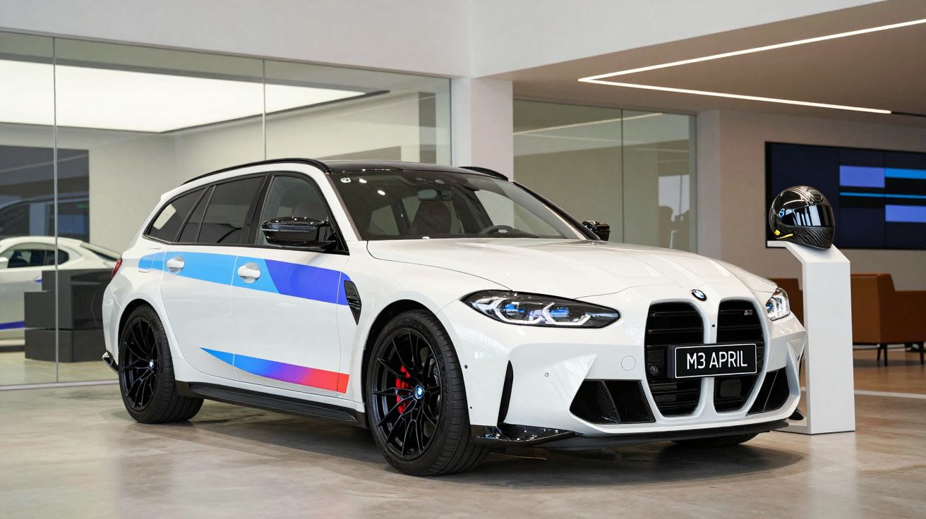 BMW M3 Touring branco com detalhes azuis e vermelhos, apresentado num showroom moderno.