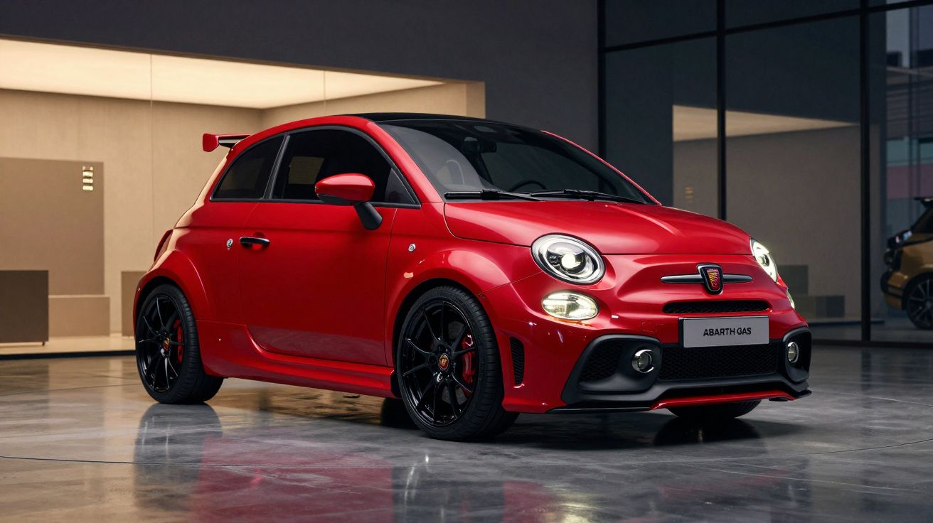 Carro desportivo compacto Abarth vermelho com jantes pretas estacionado em ambiente moderno interior.