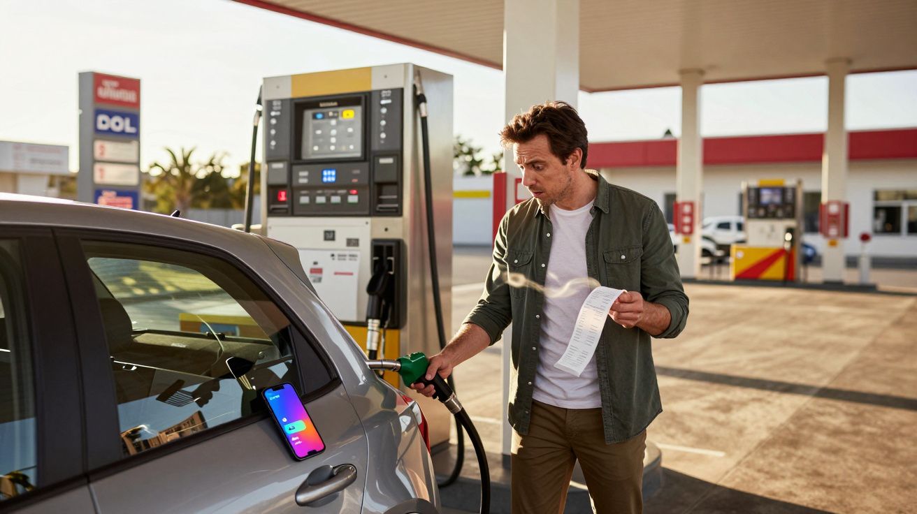 Homem a abastecer carro numa bomba de gasóleo, segurando fatura e com telemóvel pousado na porta do veículo.
