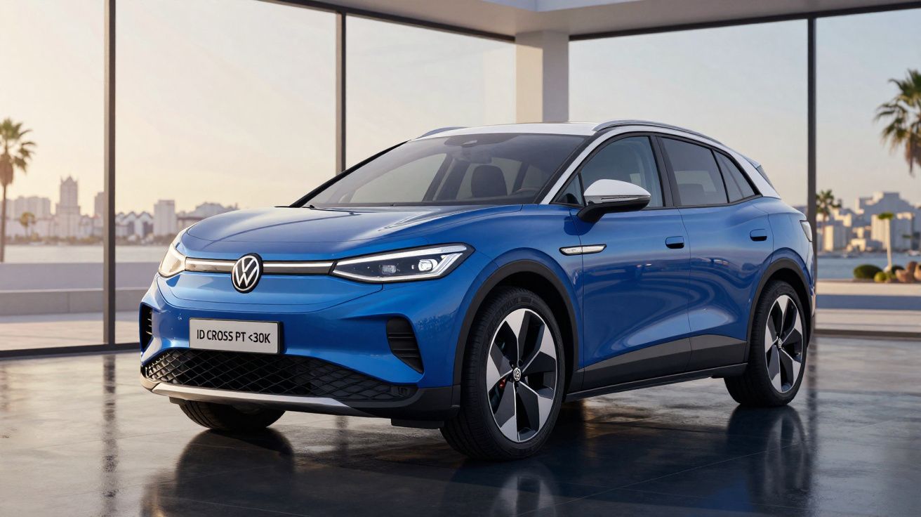 Carro elétrico Volkswagen ID. Cross azul, estacionado em ambiente moderno com grandes janelas e vista urbana.