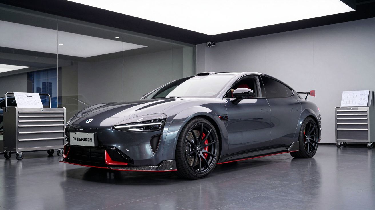 Carro desportivo cinzento com detalhes vermelhos em oficina moderna com armários de ferramentas.