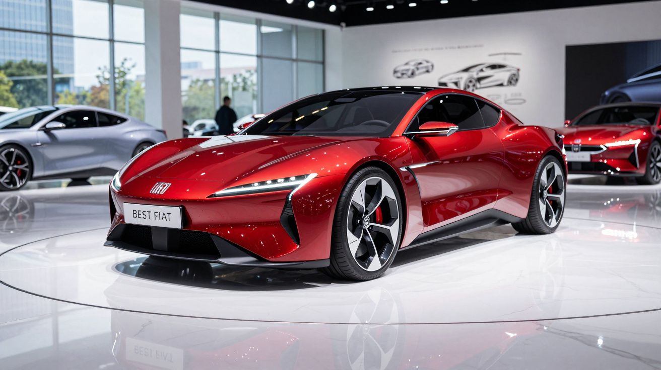 Carro desportivo vermelho Fiat em exposição numa feira automóvel moderna com luzes brilhantes.