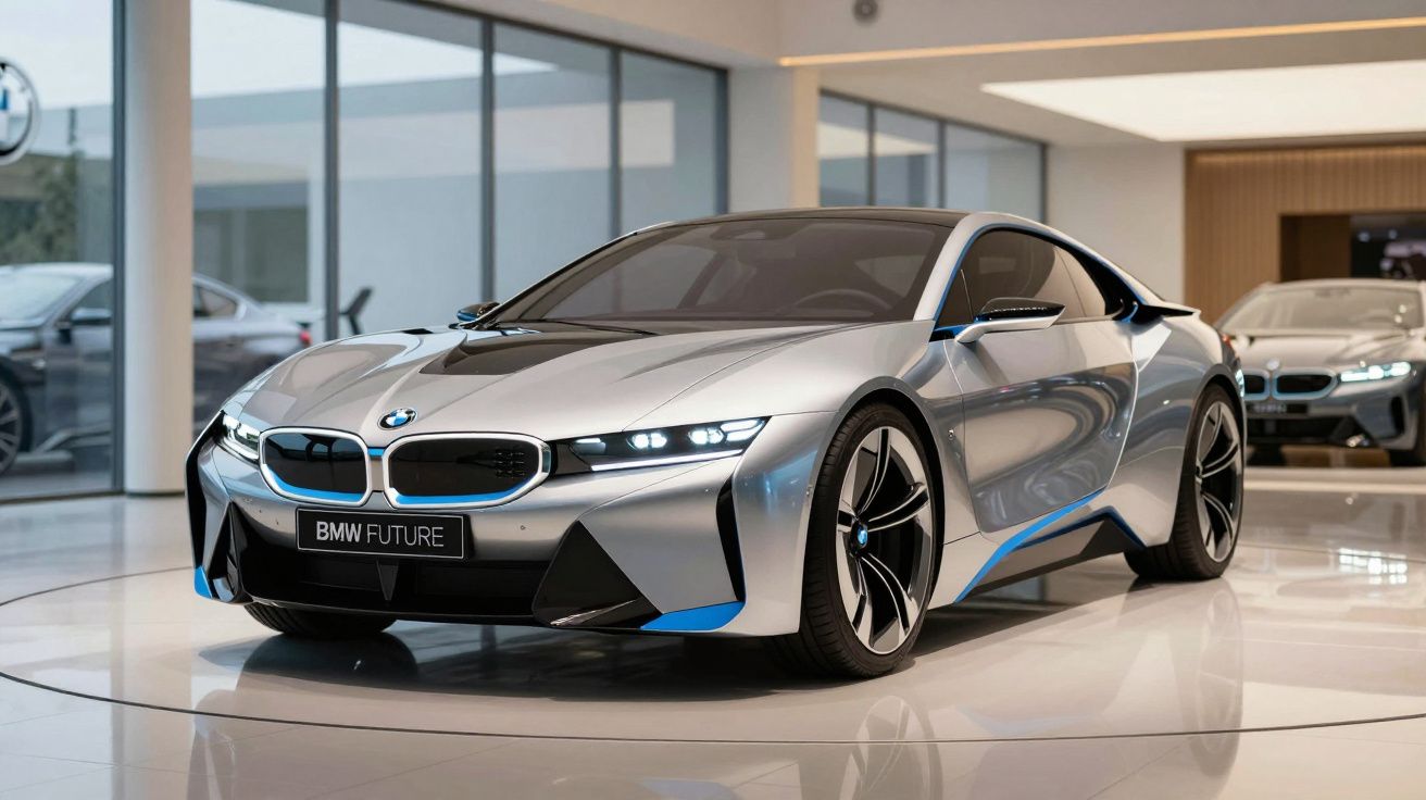 Carro esportivo futurista BMW prateado exibido em showroom moderno com iluminação natural e piso brilhante.