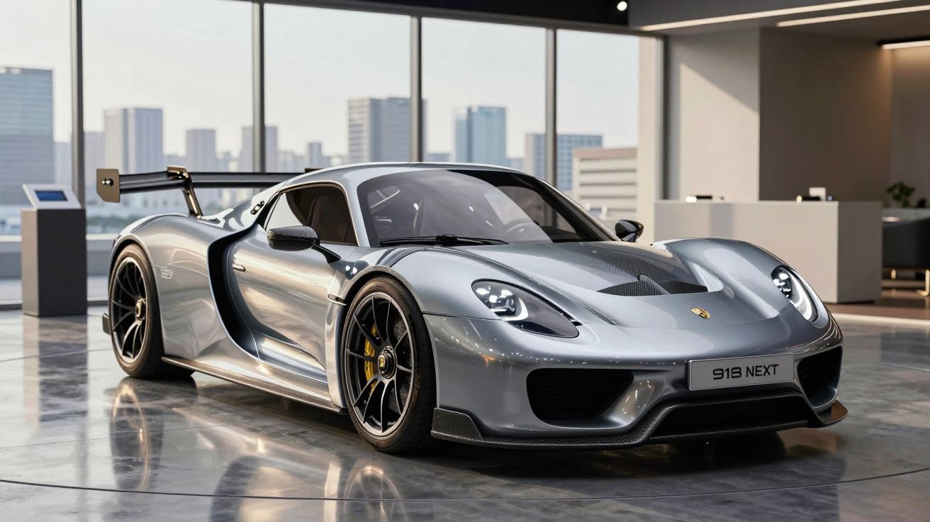 Carro desportivo Porsche 918 Next cinzento prateado com design aerodinâmico em showroom moderno.