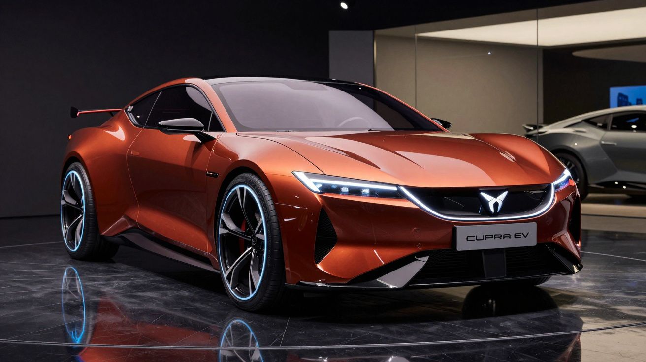 Carro desportivo eléctrico Cupra EV vermelho exposto em salão automóvel com iluminação ambiente.