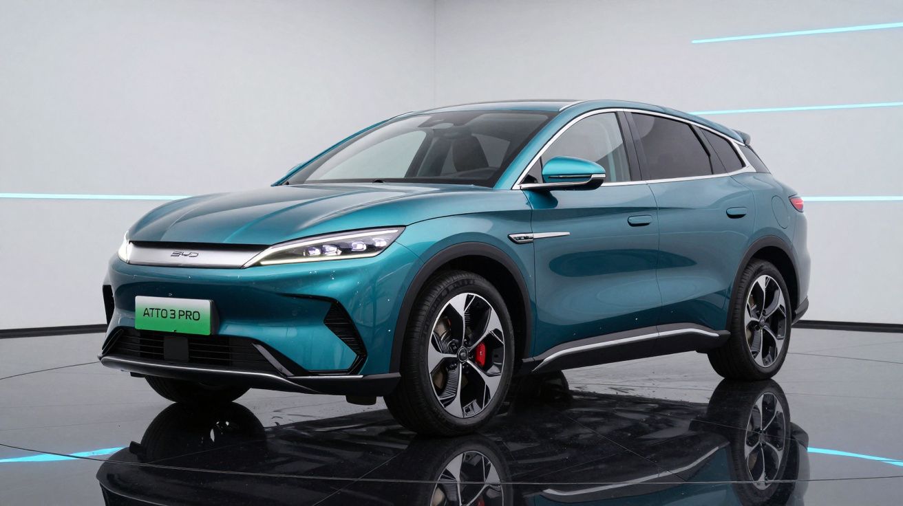 Carro elétrico SUV azul ATTO 3 PRO em exposição num ambiente moderno e minimalista.