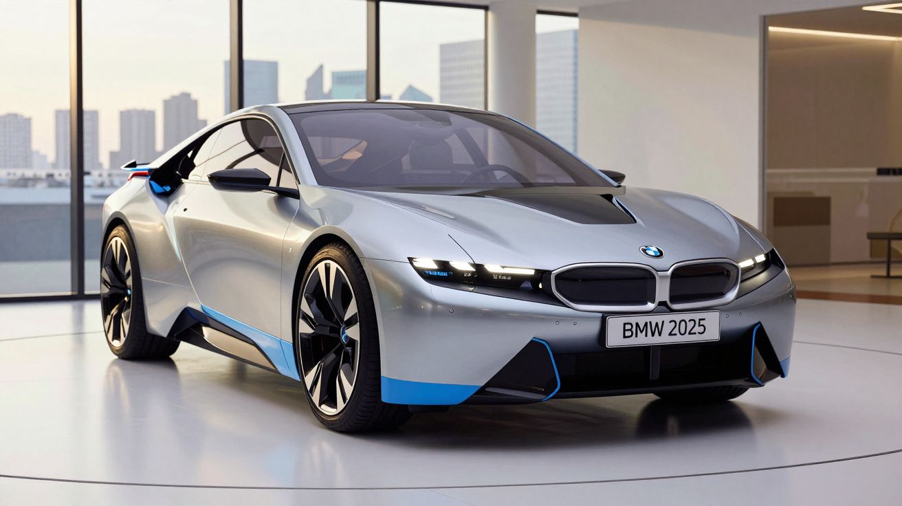 BMW 2025 prata com detalhes azuis exibido em ambiente interior moderno com janelas grandes e cidade ao fundo.