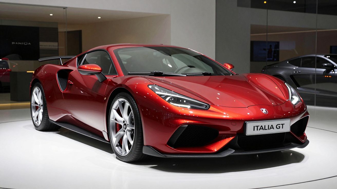 Automóvel desportivo vermelho Italia GT exibido em salão, com detalhes aerodinâmicos e rodas prateadas.