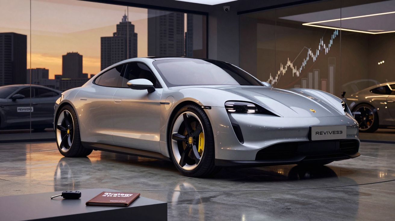 Carro desportivo prata estacionado dentro de showroom moderno com gráfico financeiro refletido na janela.