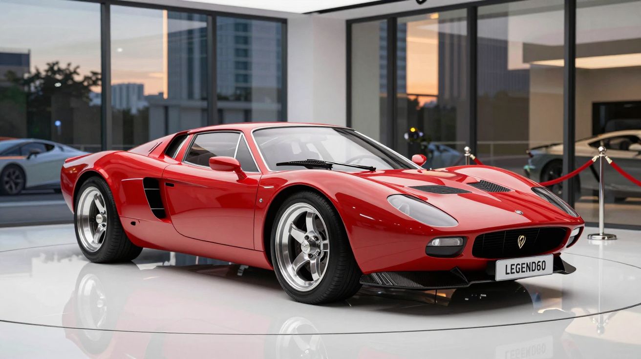 Automóvel desportivo vermelho clássico em exposição numa sala moderna com grandes janelas.