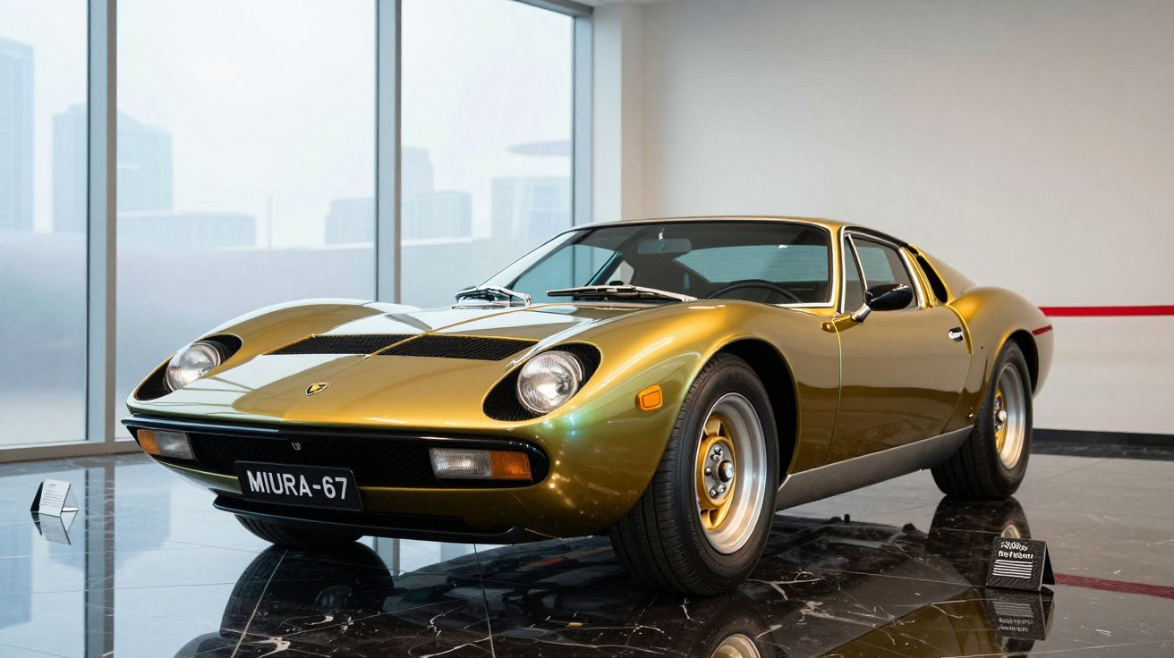 Carro desportivo clássico dourado Lamborghini Miura-67 exibido em ambiente interno com chão refletor.