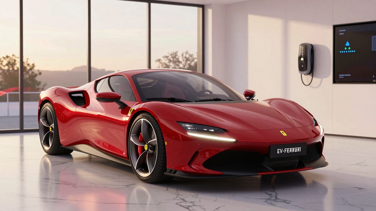 Carro desportivo elétrico Ferrari vermelho estacionado em garagem moderna com piso de mármore.
