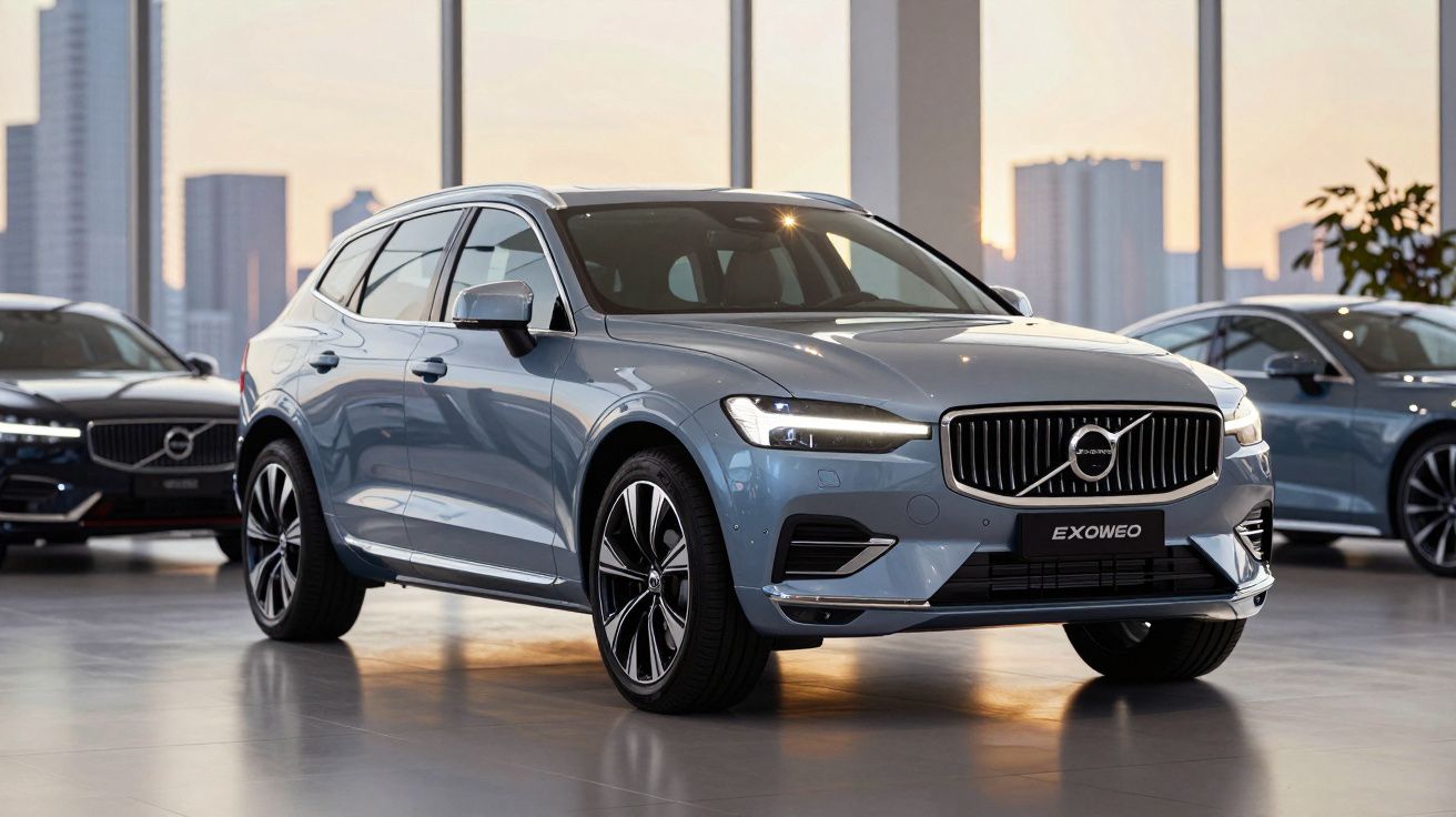 Carro Volvo cinzento claro exposto em salão de automóveis com grandes janelas ao fundo.