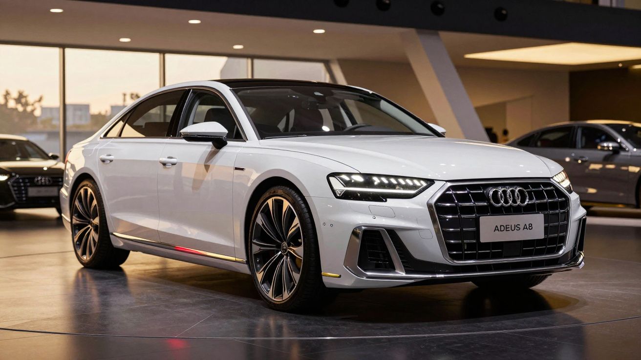 Audi A8 branco estacionado em showroom moderno com iluminação interior quente.