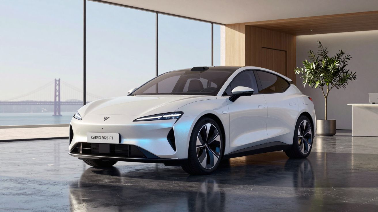 Carro elétrico branco futurista estacionado num espaço interior moderno com janelas grandes e vista para ponte.