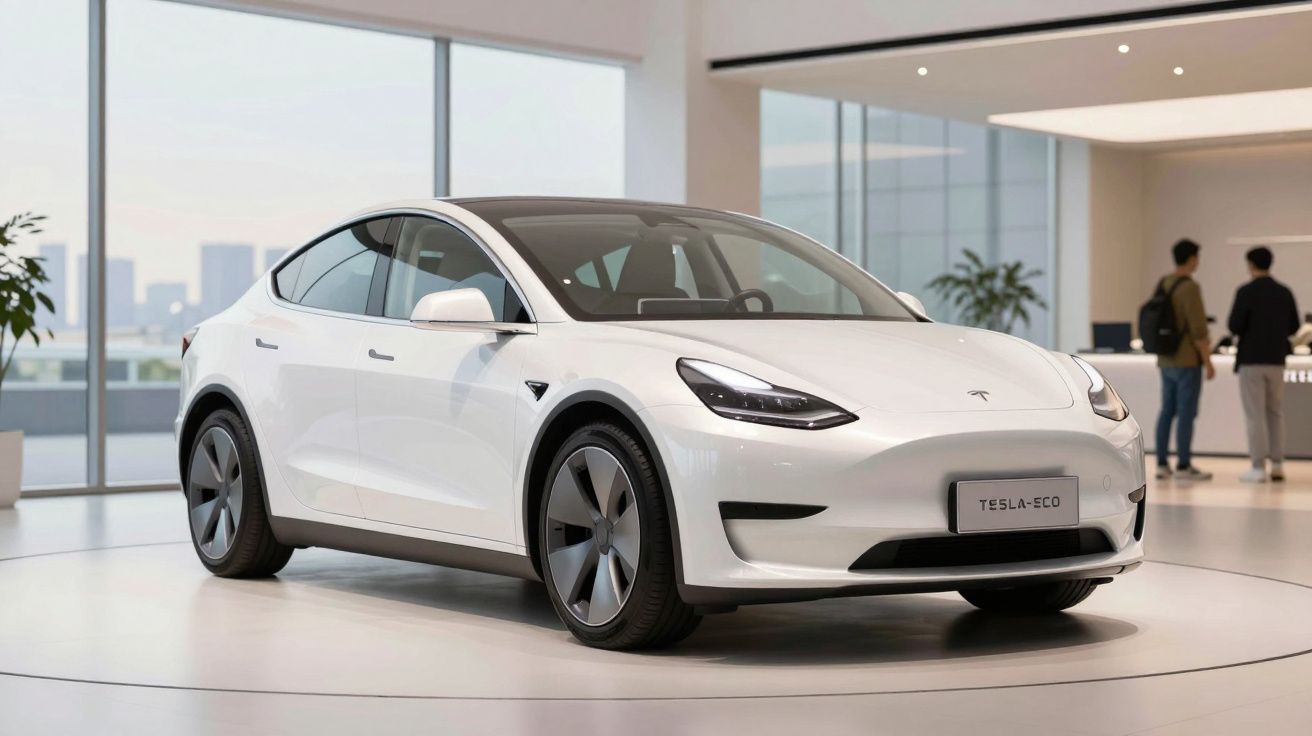 Carro Tesla branco modelo SUV elétrico exposto num salão moderno com janelas amplas e pessoas ao fundo.