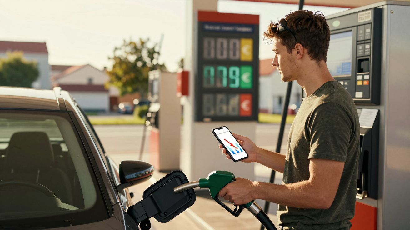 Homem abastece carro com gasolina enquanto consulta gráfico no telemóvel numa bomba de combustível.