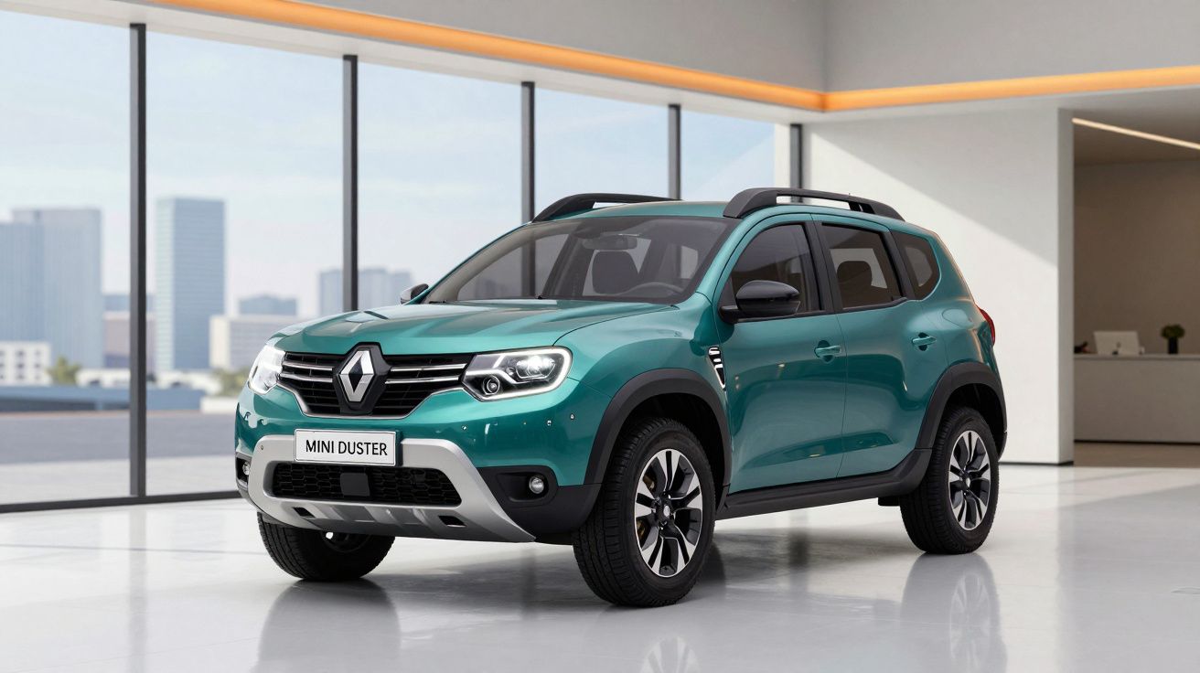 Renault Mini Duster verde estacionado numa sala ampla com janelas grandes e luz natural.