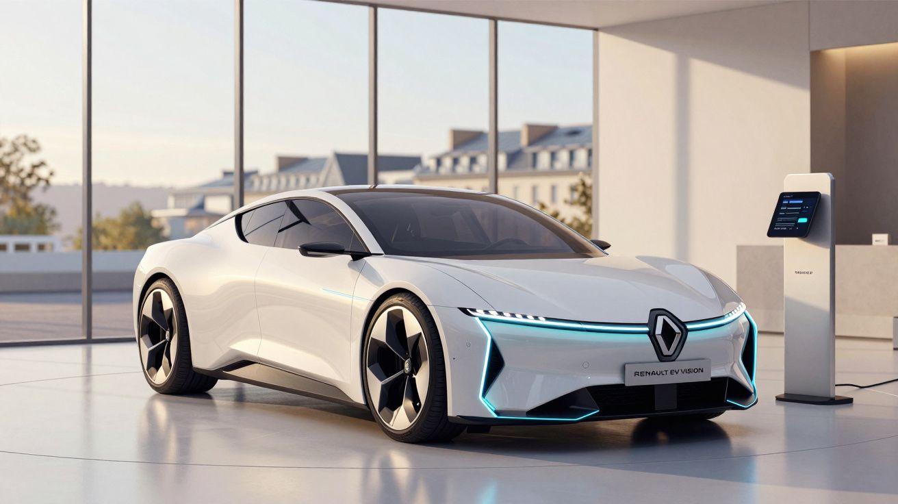 Carro eléctrico branco Renault EV Vision a carregar numa estação moderna dentro de uma garagem iluminada.